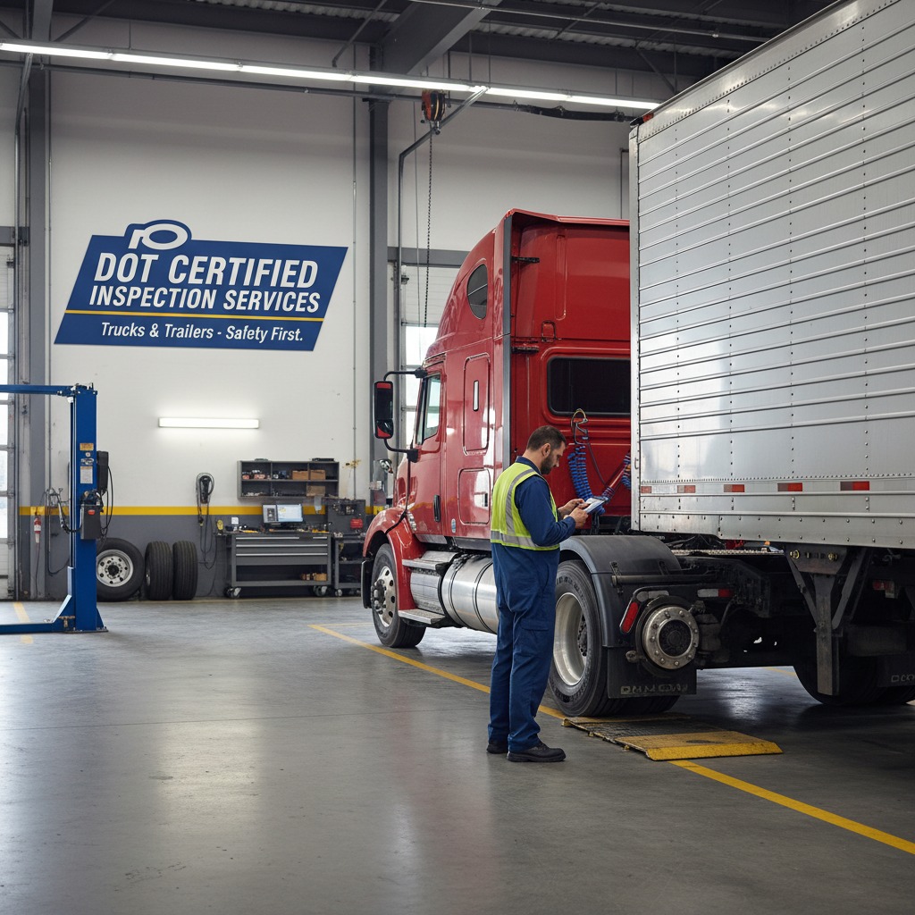 Technician inspecting a commercial semi truck